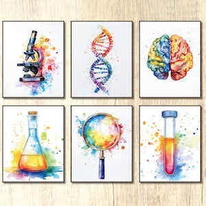 Peut inclure: Six illustrations à l'aquarelle d'objets liés à la science. Les illustrations sont sur un fond blanc avec des éclaboussures d'aquarelle colorées. Les objets sont un microscope, une double hélice d'ADN, un cerveau, un bécher, une loupe et un tube à essai.