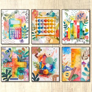 May include: Six colorful watercolor illustrations featuring various math symbols and objects. The illustrations include a calculator, an abacus, a ruler, a plus sign, a multiplication sign, and a percentage sign.