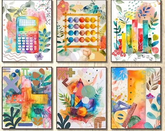Math Wall Prints, Boho watercolor Prints, Boho Classroom Wall Art, Nursery Decor, Set of Math Prints, Mathematics, Math posters, Math gift