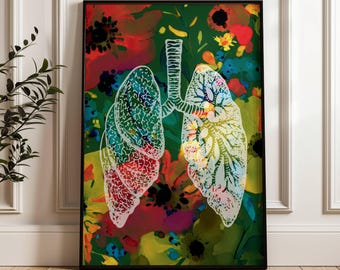 May include: A framed art print depicting a detailed illustration of lungs. The lungs are white with intricate patterns, set against a vibrant backdrop of green, red, yellow, and blue floral designs. The artwork is presented in a black frame.