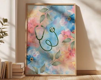 Arte con estetoscopio para decorar la oficina de enfermería. Arte floral médico para médicos y enfermeras. Regalo para médica o enfermera graduada. Hospital.