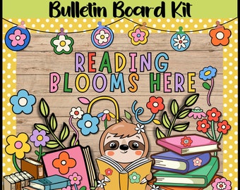 May include: A bulletin board kit with a sloth reading a book and the text "Reading Blooms Here". The kit includes colorful flowers, leaves, and books.