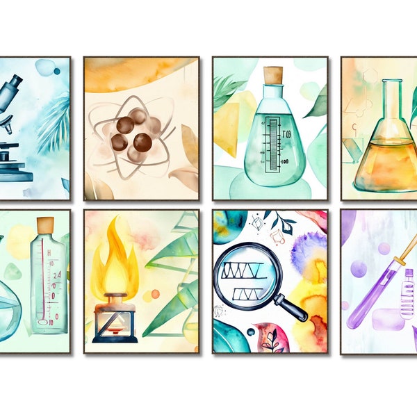 Science classroom set, science poster, science art, science prints, Chemistry wall art, Biology posters, watercolor wall art, science gifts