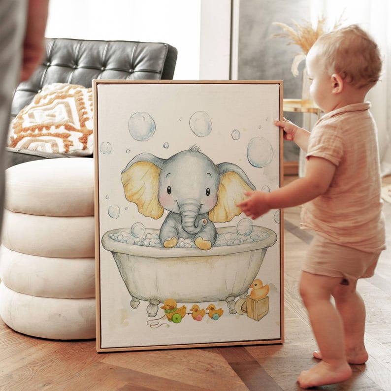 Watercolor Elephant in Blue Bathtub Art Print Boy Bathroom Wall Decor ...