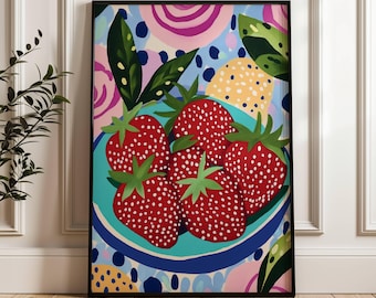 Erdbeer Print Küche Wand Kunst Kinderzimmer Dekor Erdbeeren Schüssel druckbare Kunst rosa Küche Wand Dekor Erdbeer-Dekor