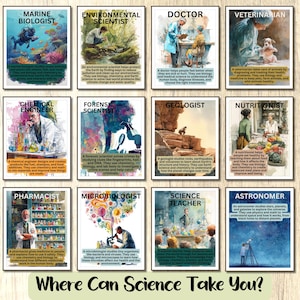 SCIENCE Career Posters, 12 Science Class Gallery Wall, Classroom Decor, high school middle school, Science Bulletin Board Set, science jobs
