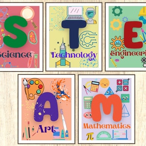 STEAM Art Set de 5, Cartel de la sala de juegos, Aprendizaje en el hogar, Guardería, Descarga digital, Imprimible, Arte de la habitación de los niños, ARCHIVOS DIGITALES, Artes preescolares