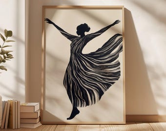 Könnte beinhalten: Eine schwarz-weiße Silhouette einer Person in einem fließenden Kleid, die mit ausgestreckten Armen tanzt. Das Kleid hat ein gestreiftes Muster und der Hintergrund ist hellbeige.