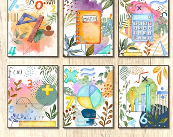 May include: Six watercolor illustrations of math-themed designs. Each illustration features a different math symbol, equation, or tool, such as a calculator, protractor, and graph. The illustrations are surrounded by green leaves and flowers.