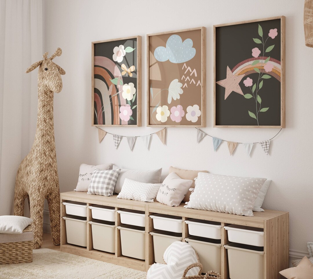 Boho Girl Nursery Set of 3, Girlwild Flowers Nursery Wall Art, Nursery Decor,baby Room Decor