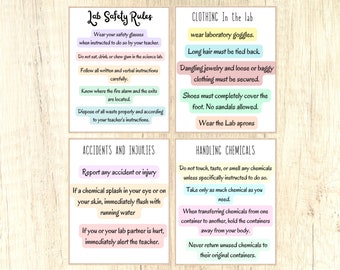 May include: A set of four illustrated posters with safety rules for a science lab. The posters are on a light wood background. The posters are titled "Lab Safety Rules", "Accidents and Injuries", "Clothing in the Lab", and "Handling Chemicals".