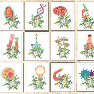 12 Science Class Gallery Wall, Classroom Decor, high school middle school, science art, biology class, chemistry classroom, kids room arts