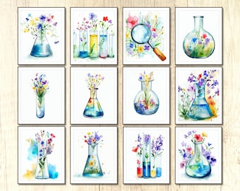 Galería de arte de ciencia Conjunto de arte Carteles de mujeres en la ciencia Decoración del aula Conjunto de arte de pared con ramo de frascos Química de la escuela secundaria
