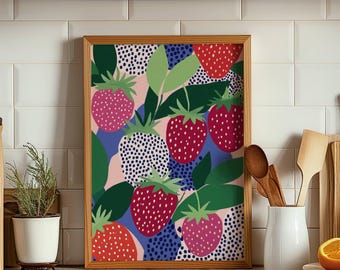 Erdbeer Druck Erdbeere Malerei Obst Druck Küche Wandkunst Esszimmer Dekor Erdbeere Wohnkultur Kinderzimmer Wandkunst bunte Wandkunst