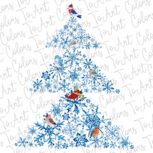 Blue Toile Christmas Tree Png Vintage Christmas Tree Png winter birds png Christmas Sublimation Holiday png blue Christmas tree png Coquette