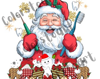 May include: Santa Claus with a red hat and white beard is holding a toothbrush and a dental tool. He is smiling and has a jolly expression. There are Christmas-themed teeth with presents and candy canes at the bottom of the image.