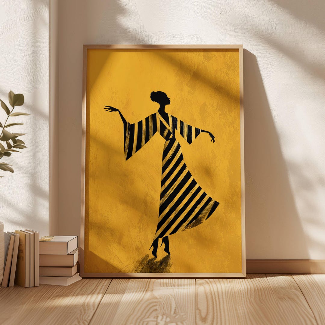 Modern Minimalist Woman Art Print Yellow Black White Stripes Abstract ...