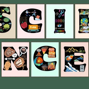 Science Class Gallery Wall, Classroom Decor, high school middle school, science art, elementary, classroom art, kids room arts, science