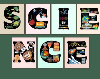 Pared de la galería de clases de ciencias, decoración del aula, escuela secundaria, arte científico, primaria, arte en el aula, artes de la sala de niños, ciencias