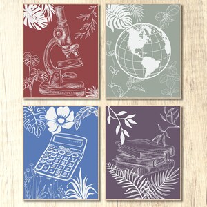 May include: Four printable wall art prints with a botanical theme. The prints feature a microscope, a globe, a calculator, and a stack of books. Each print has a white outline on a coloured background. The colours are red, green, blue, and purple.