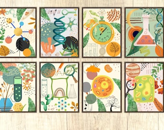 Láminas de pared de ciencia, láminas de acuarela boho, láminas verdes, arte de pared bohemio para el aula, decoración de guardería, juego de láminas de biología, química