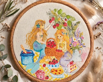 Hand painted Wall Art, Strawberry Fairy Nursery Decor, Baby Girl Room Wall Hanging, Cottagecore Embroidery Hoop Art, Mermaid wall art