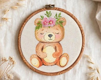 Hand Painted Teddy Bear Hoop Art 6 Inch | Floral Bear Nursery Wall Decor | Baby Room Hoop | Handmade Baby Shower gift