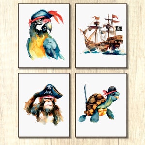 Set of 4 Digital Prints, Watercolor Pirate animals, Pirate Nursery Art, Pirate Decor, Pirate Ship, Boys Bedroom Printable Wall Art, Pirate