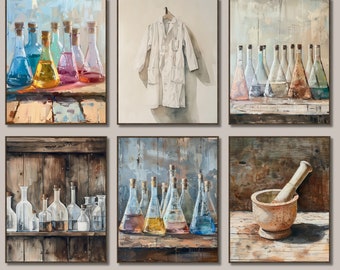 Galería de arte de pared con temática neutra para clase de ciencias, arte de pared de ciencia vintage, regalo de científico, acuarela, arte para aula, escuela secundaria, escuela media