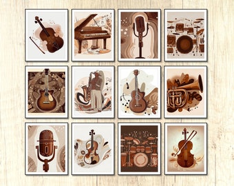 12 Musikwand-Kunst-Set, abstrakte Musikinstrumente Musikzimmerdekor, Musikinstrumente Kunst, Instrumenten-Wandkunst, Musikklassenzimmerdekor