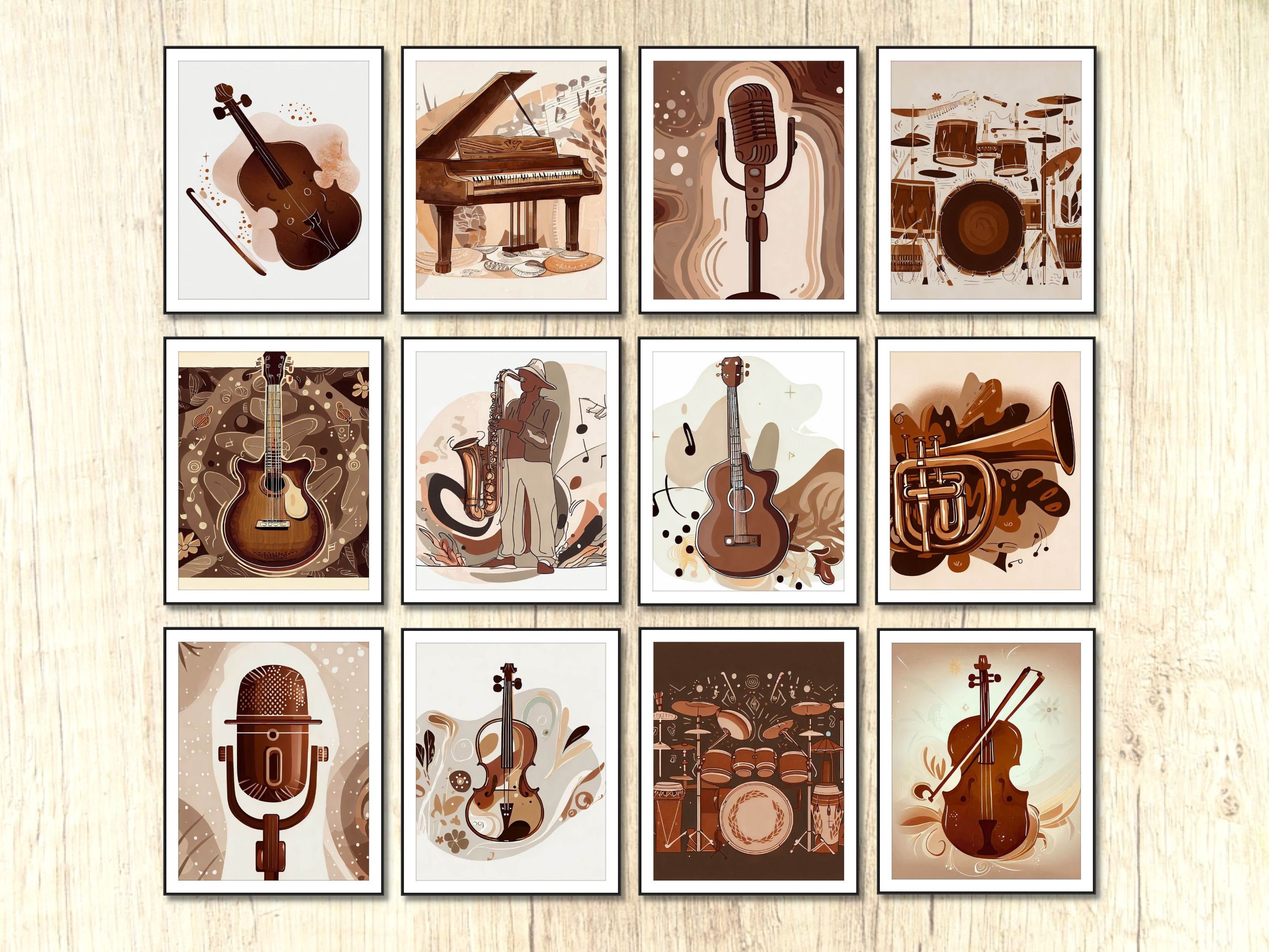 12 Music Wall Art Set, Abstract Musical Instruments Music Room