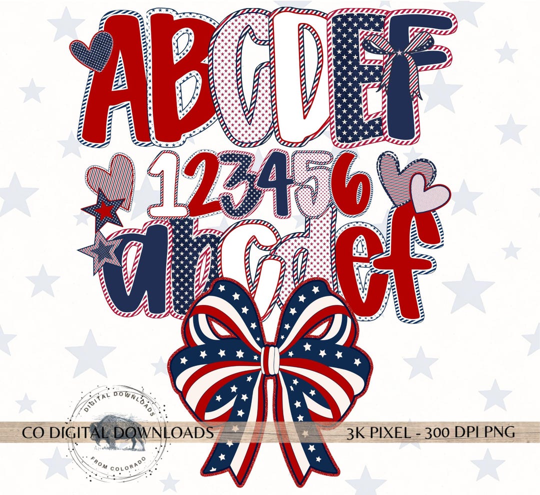 Preppy 4th of July Alphabet Bundle Png,patriotic Red Blue Doodle ...