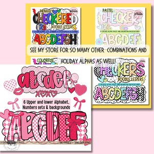 Puede incluir: Conjuntos de alfabetos digitales en varios estilos. La imagen muestra m&uacute;ltiples dise&ntilde;os, incluyendo temas primarios, pastel y del D&iacute;a de San Valent&iacute;n. Cada conjunto presenta letras may&uacute;sculas y min&uacute;sculas, n&uacute;meros y fondos. El texto dice: "&iexcl;Mira mi tienda para muchas otras combinaciones y alfas festivas coloridas tambi&eacute;n!"