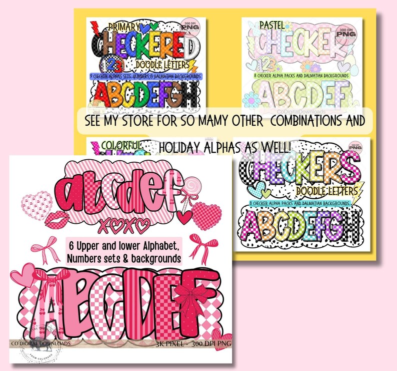 Puede incluir: Conjuntos de alfabetos digitales en varios estilos. La imagen muestra m&uacute;ltiples dise&ntilde;os, incluyendo temas primarios, pastel y del D&iacute;a de San Valent&iacute;n. Cada conjunto presenta letras may&uacute;sculas y min&uacute;sculas, n&uacute;meros y fondos. El texto dice: "&iexcl;Mira mi tienda para muchas otras combinaciones y alfas festivas coloridas tambi&eacute;n!"