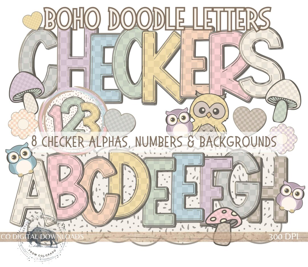 Checker Alphabet Bundle, Boho Alpha Doodle Letters Png, Fall Owl Png ...