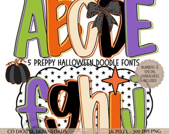 Preppy Halloween Alphabet PNG Bundle, Outline doodle letters, spooky clipart, black letters, bulletin board alpha set, upper lowercase