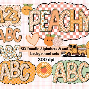 Alfabeto de cuadros de melocotón PNG, letras de garabatos alfa, letras de cuadros de melocotón PNG, verano retro, conjunto de 6 letras alfa, letra de marquesina dálmata