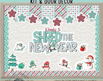 Winter and New Year bulletin board kit PDF png, Snowboard Penguins Classroom, Elementary Teacher, Primary School, printable Door Decor