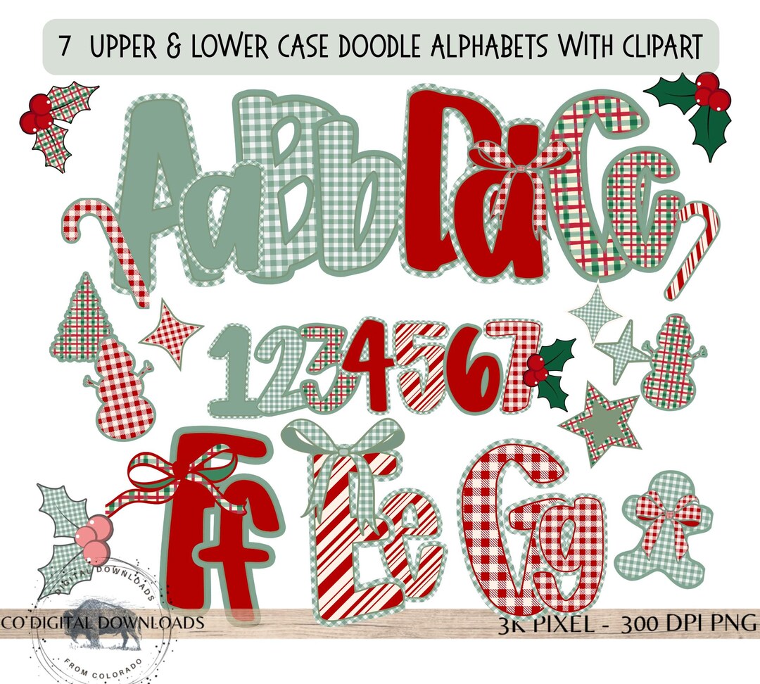 Preppy Christmas Alphabet Bundle PNG, Red Green Doodle Letters, Gingham ...