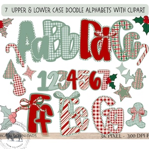 May include: A collection of Christmas-themed doodle alphabet letters and numbers with clipart. The letters and numbers are in red, green, and white, with various patterns. The image includes holly, stars, and a gingerbread man.