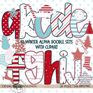 May include: A digital graphic set featuring the letters a through j in various winter-themed patterns like red polka dots, candy cane stripes, and holiday motifs. The text reads 10 WINTER ALPHA DOODLE SETS WITH CLIPART and CO DIGITAL DOWNLOADS.