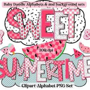 May include: A set of colorful, doodle-style alphabet letters in pink, red, and white with a watermelon and checkered pattern. The letters spell out "SWEET SUMMERTIME!" and are perfect for crafting projects.