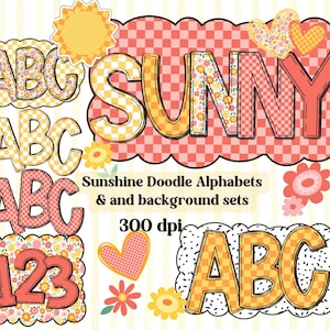 Alfabeto de verano PNG, paquete de letras de cuadros brillantes, garabato floral soleado, letra de garabato floral amarillo, fondo dálmata, garabato de marquesina