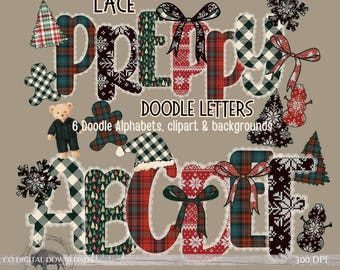 Lace Christmas Alphabet Bundle PNG, Old Money Plaid Doodle letters, Preppy Grandmillenial Holiday, Nordic gingerbread Alpha Set and Clipart