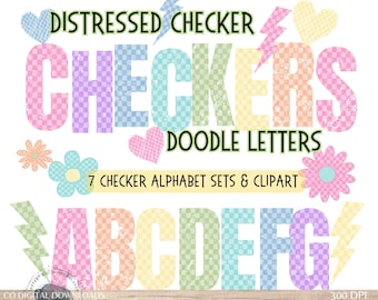 Colorful Checker Alphabet Bundle PNG, Distressed Retro font, Alpha Doodle letters, Rainbow groovy Alpha, Marquee bulletin board
