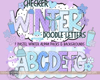 May include: A digital graphic featuring the words "CHECKER WINTER DOODLE LETTERS" in pastel colors. The image includes snowflakes, snowmen, and the letters A through G. The text "7 PASTEL WINTER ALPHA PACKS & BACKGROUNDS" is also present.