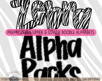 Preppy Zebra Alphabet Bundle PNG with lowercase letters, tiger stripes Doodle font, safari print, Black white Alpha pack, bulletin board
