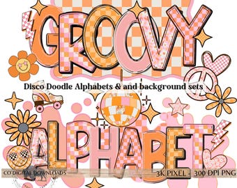 Checker Doodle Alfabetspaket, Retro Disco Bokstäver, Orange Rosa Skate Clipart, Lärare PNG Skolanslagstavla, Marquee Bokstav