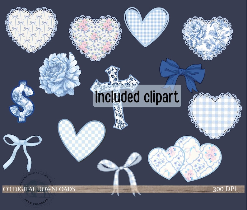 Lace Floral Alphabet PNG Bundle, Preppy Blue Toile Letters, Bow Digital ...