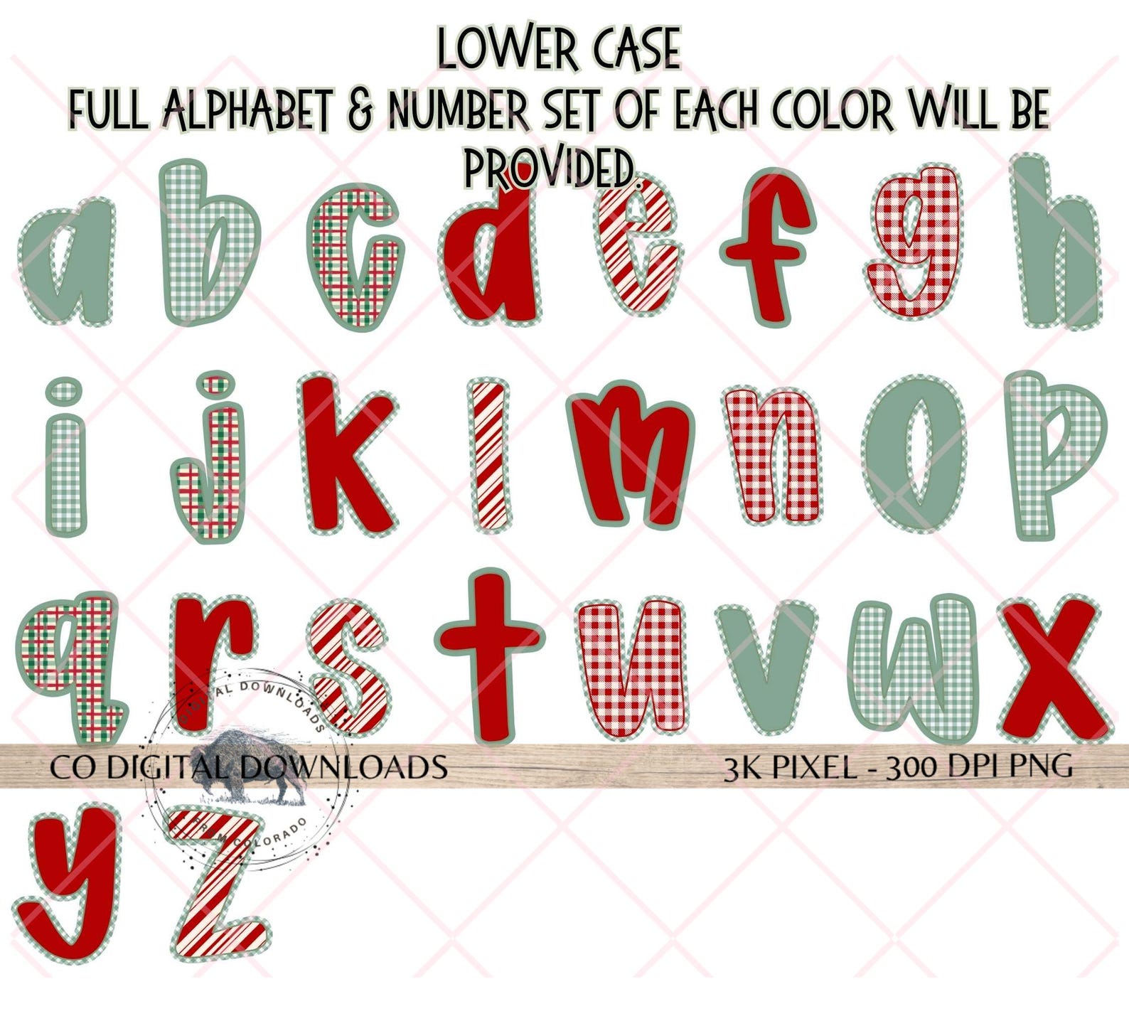 Preppy Christmas Alphabet Bundle PNG, Red Green Doodle Letters, Gingham ...